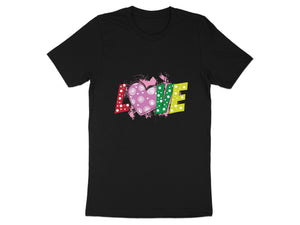 Black t-shirt with colorful "LOVE" text and a patterned heart.