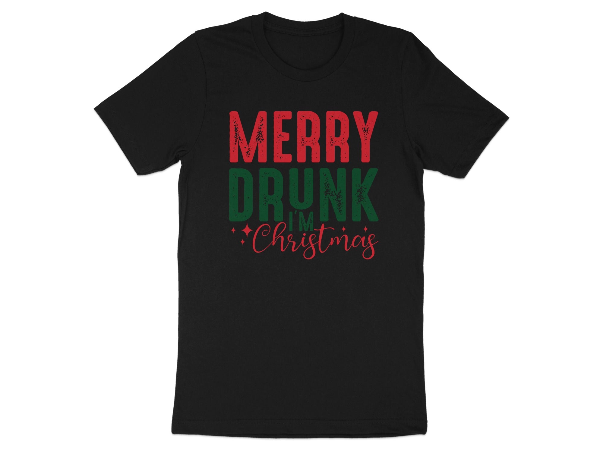 Black t-shirt with "Merry Drunk I'm Christmas" text in red and green.