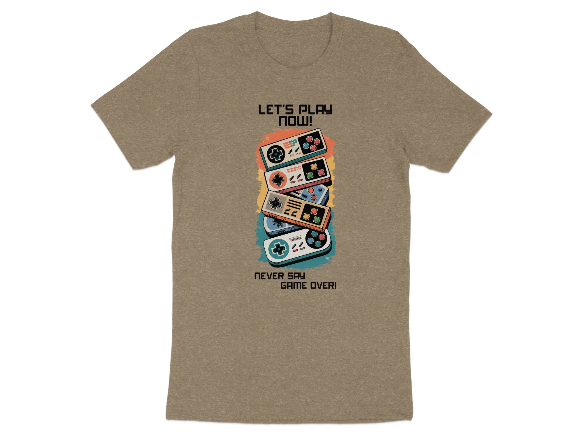 T-shirt with colorful retro video game controllers and text "LET'S PLAY NOW! NEVER SAY GAME OVER!"
