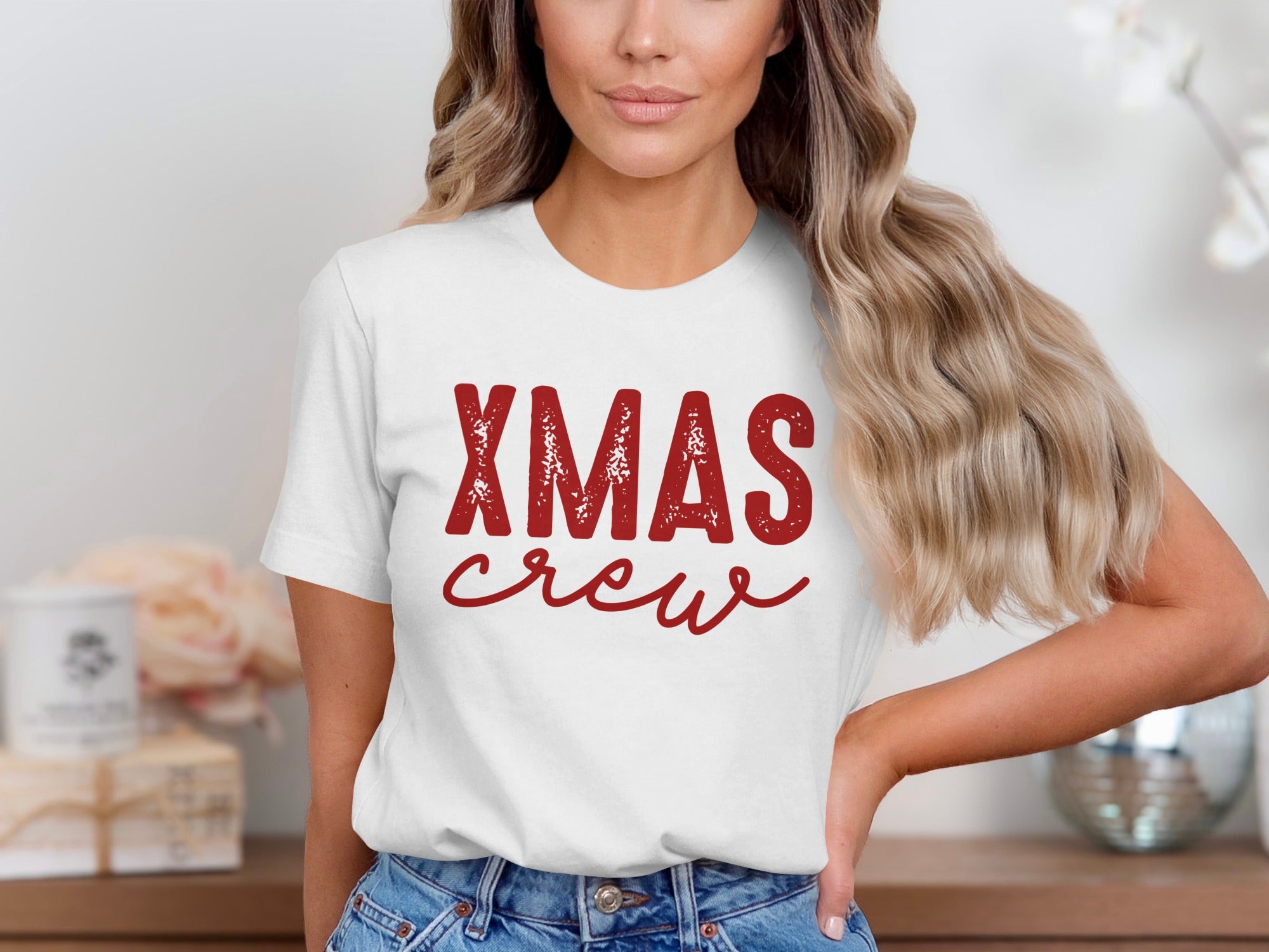 White t-shirt with red distressed "XMAS crew" text on front.