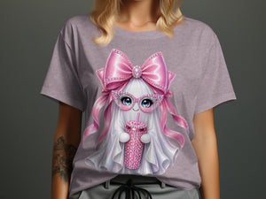 T-shirt graphic: cute ghost with pink bow, glasses, and rhinestone cup.