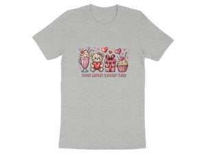 Gray t-shirt with Valentine's theme art: milkshake, teddy bear, gift, cupcake, and text "LOVE MORE WORRY LESS".