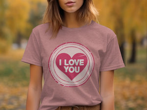 Pink t-shirt with "I LOVE YOU" heart graphic in circular frame.