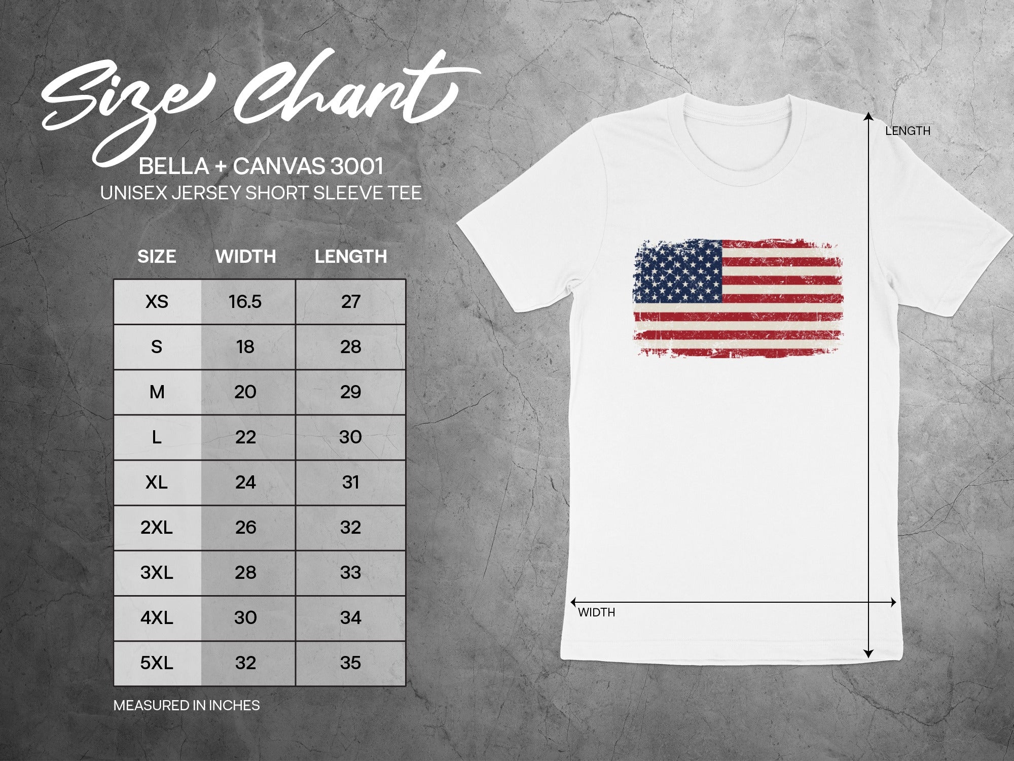 BELLA + CANVAS 3001 unisex jersey short sleeve tee size chart with measurements in inches.