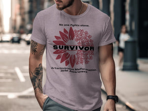 Gray t-shirt with "Survivor" and Arteriovenous Malformation Awareness design.