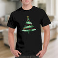 Black t-shirt with a watercolor Christmas tree design featuring lights and a star.