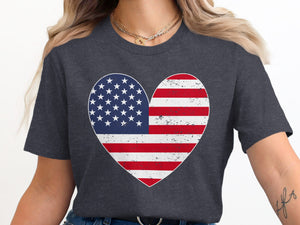 Dark t-shirt with a distressed American flag heart graphic.