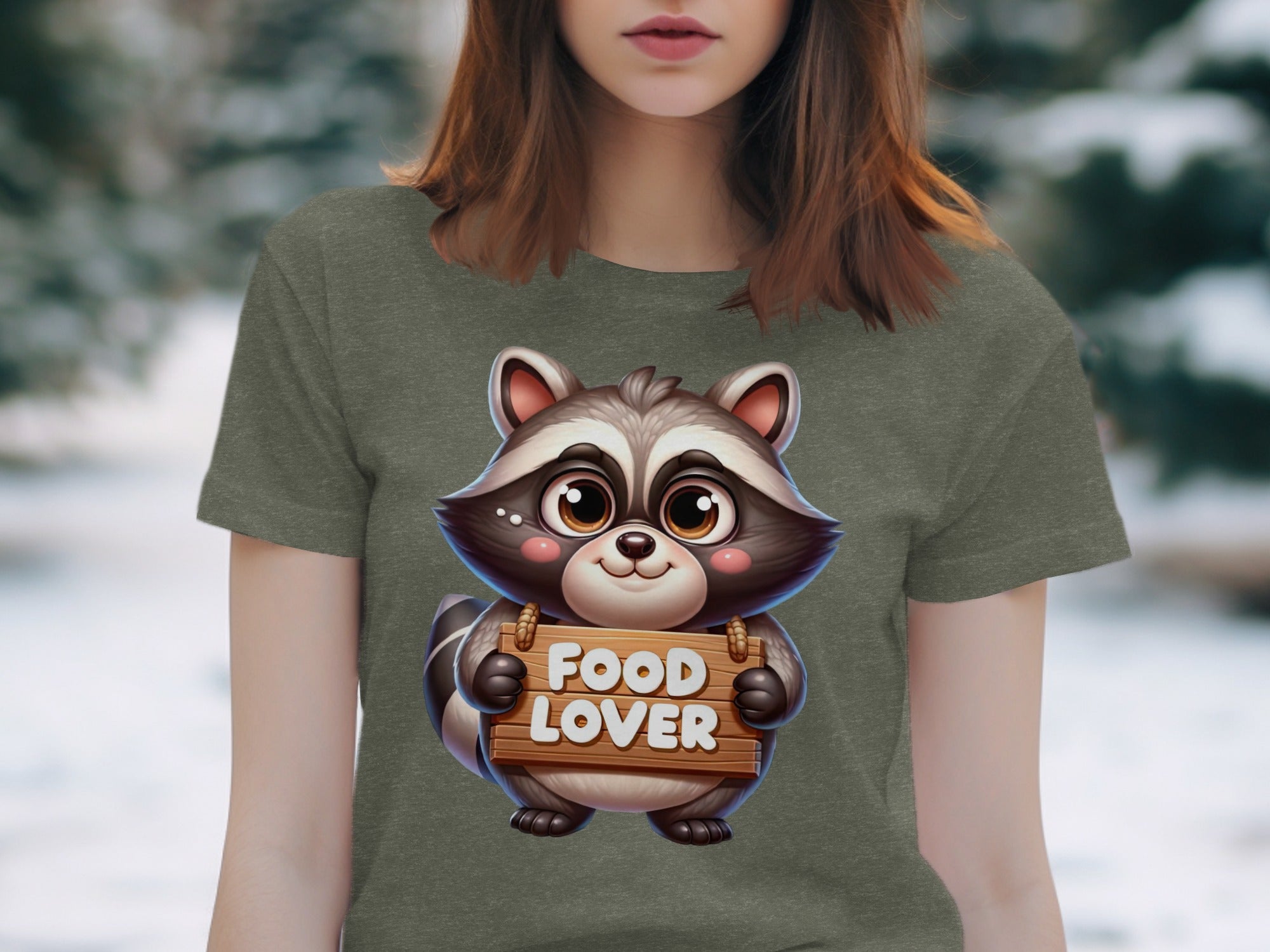 Cartoon raccoon holding a wooden sign that says "FOOD LOVER".