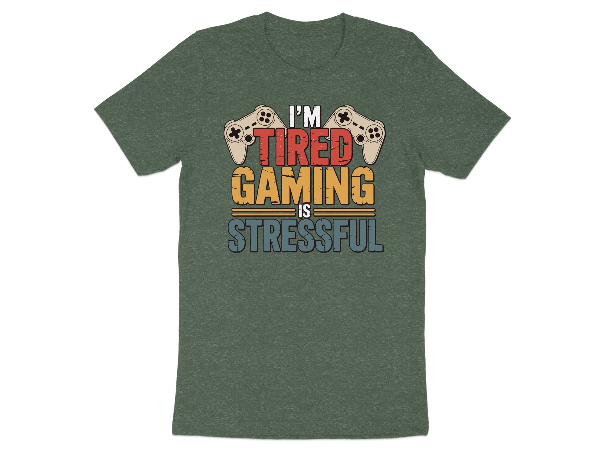 Green t-shirt with "I'm Tired Gaming Is Stressful" text and game controllers.