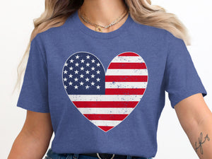 Distressed American flag heart graphic on a blue t-shirt.