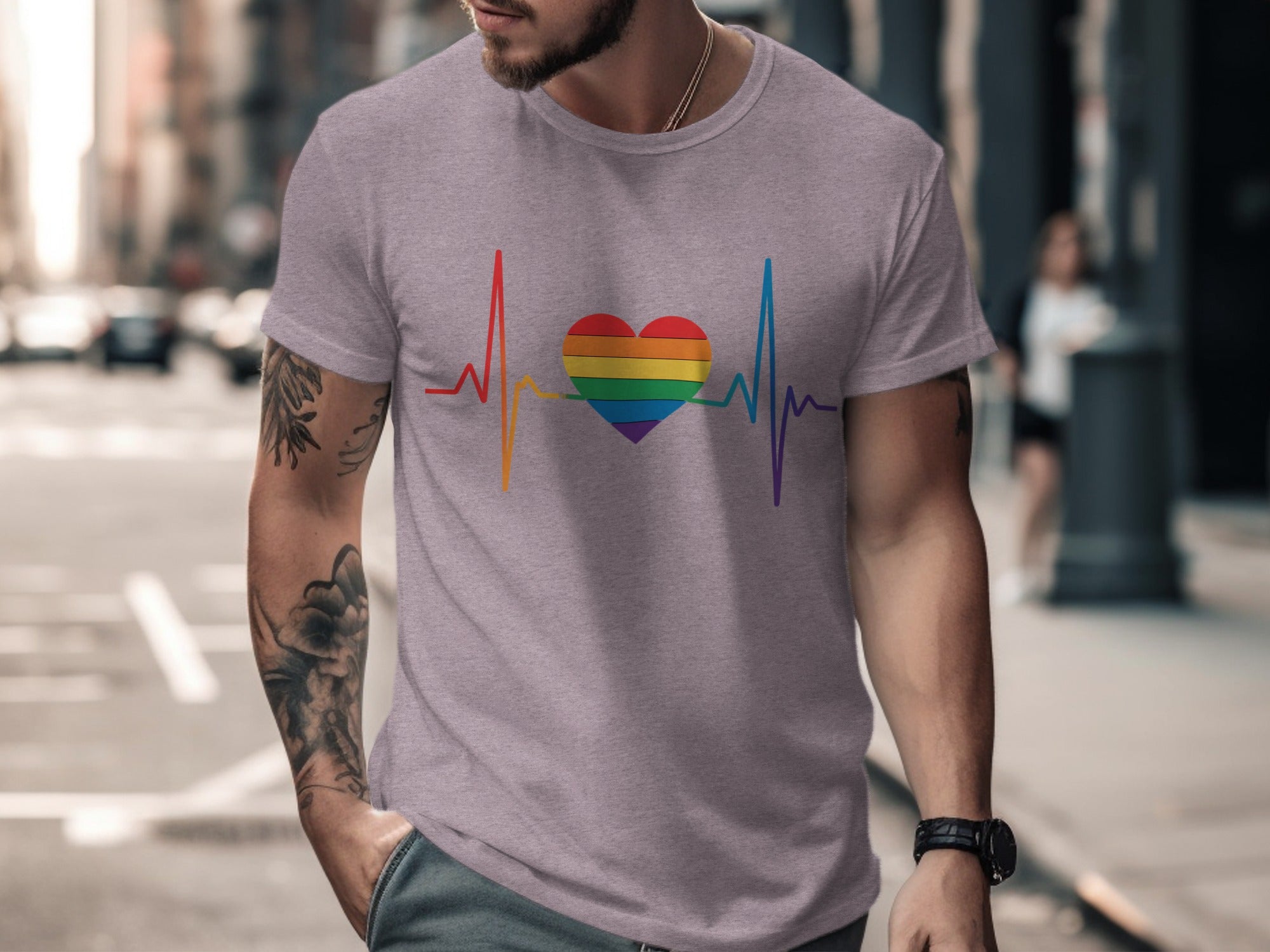 T-shirt with a rainbow heartbeat and heart graphic.