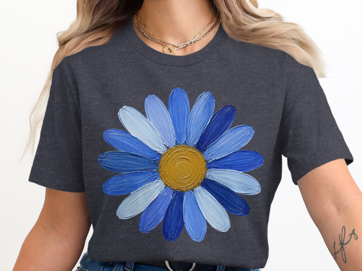 Dark grey t-shirt with a blue daisy print and gold chain necklace