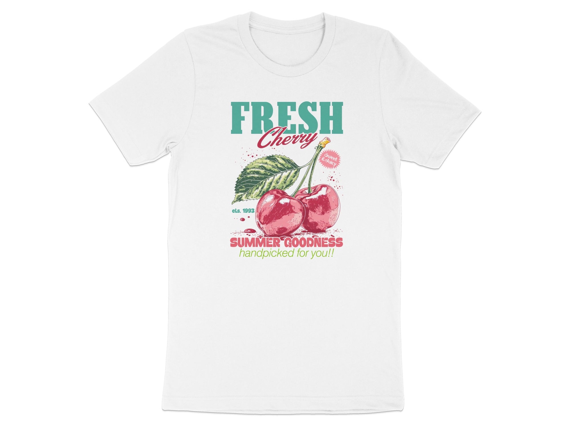 White t-shirt with "FRESH Cherry" text and cartoon cherries.