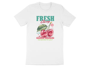 White t-shirt with "FRESH Cherry" text and cartoon cherries.