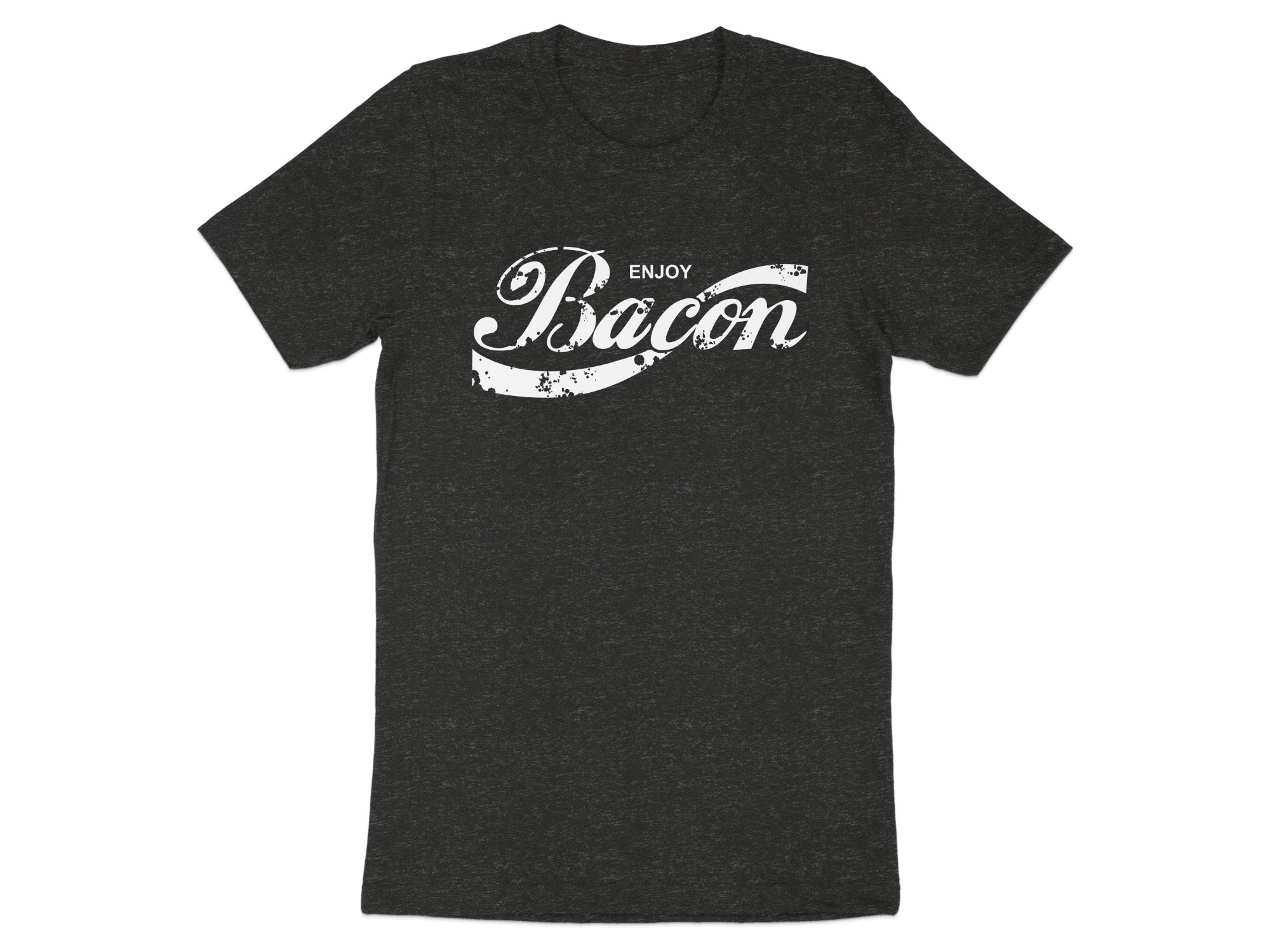 Dark grey t-shirt with white "Enjoy Bacon" text.