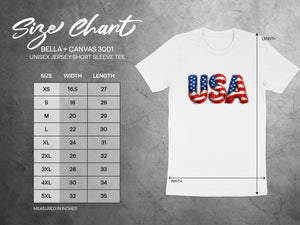 Bella + Canvas 3001 unisex t-shirt size chart with width and length measurements.