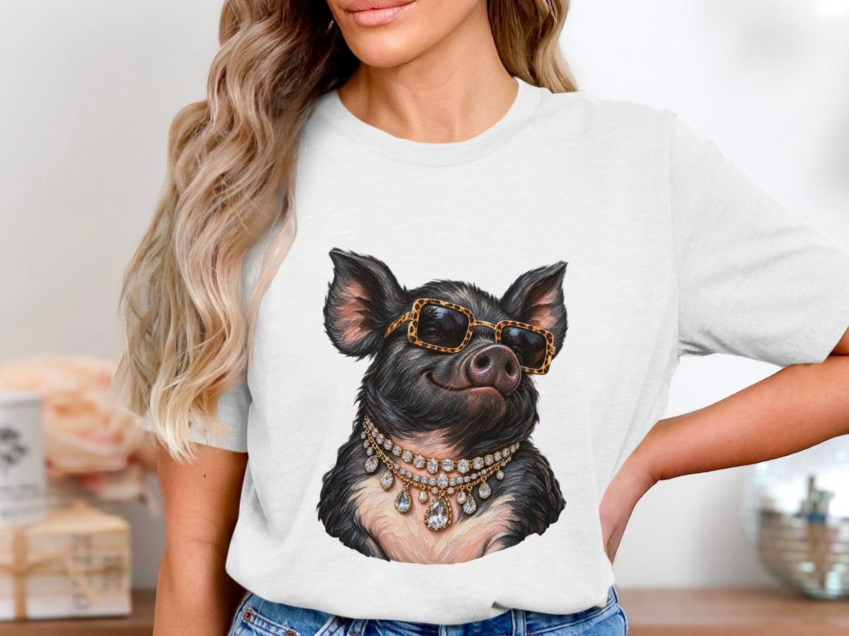 A black pig wearing leopard print sunglasses and multiple diamond necklaces.
