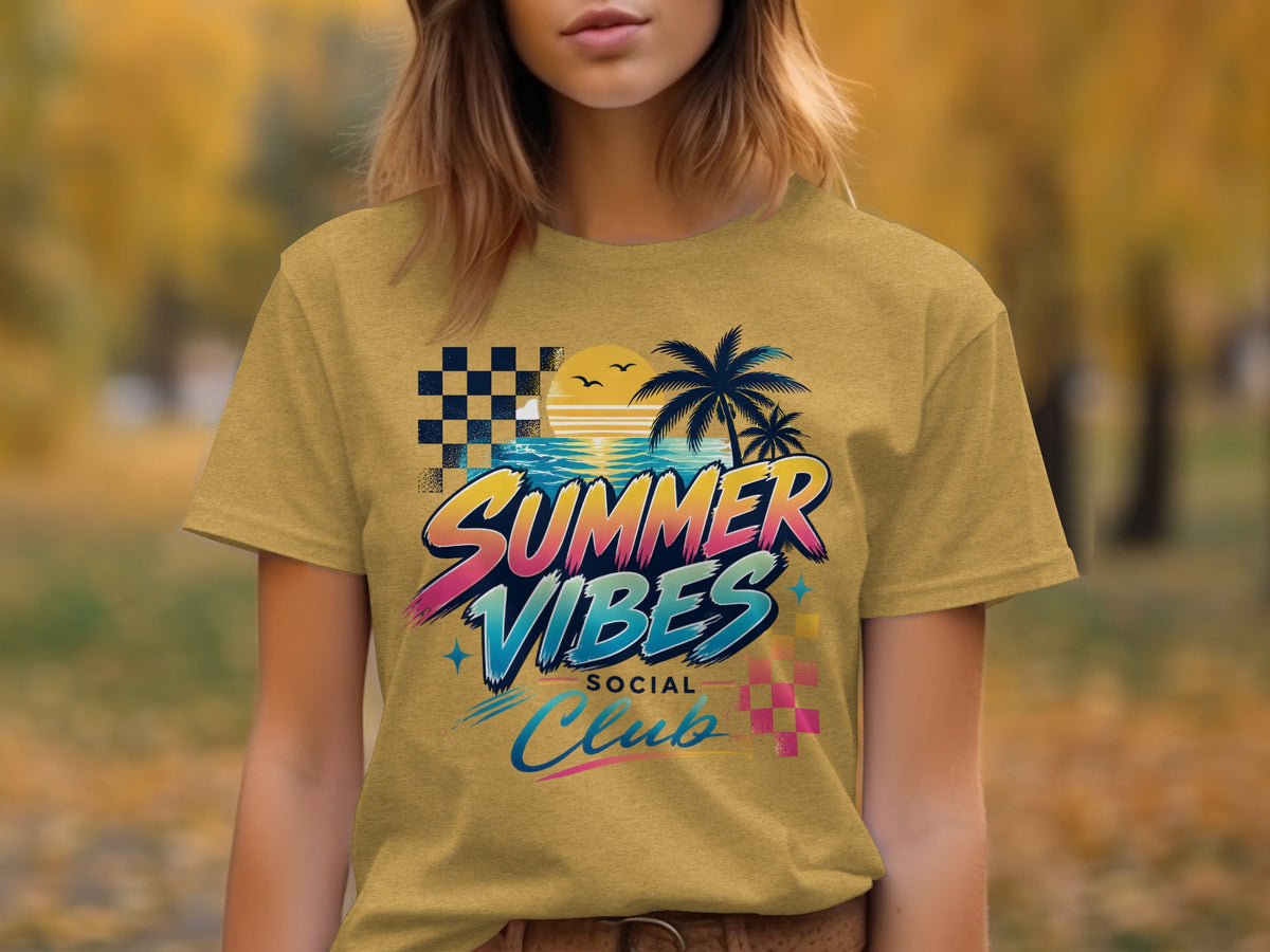Gold t-shirt with "SUMMER VIBES SOCIAL Club" text and retro sunset beach graphic.