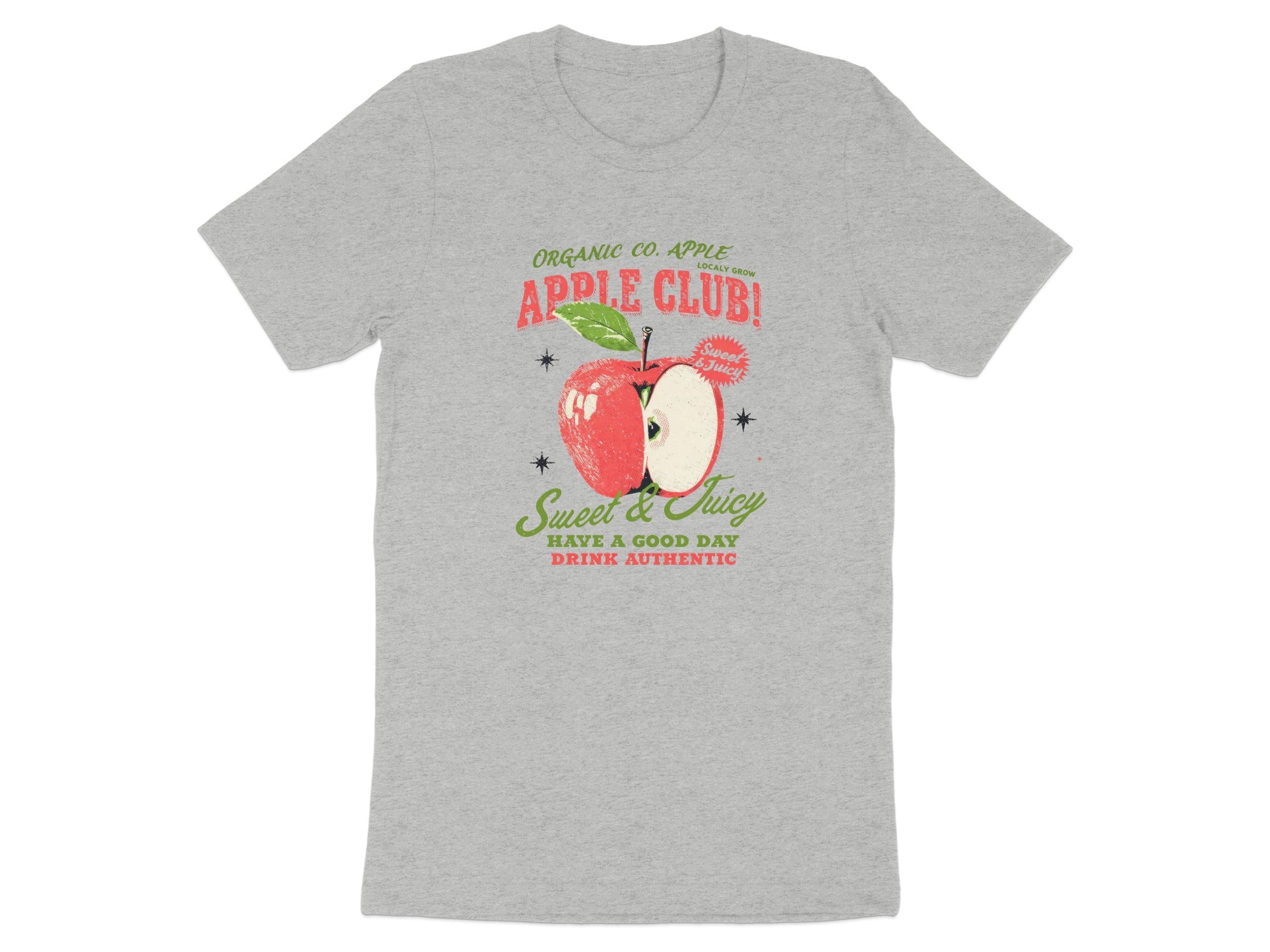 Grey t-shirt with "Apple Club" text, a red apple, and "Sweet & Juicy" slogan.