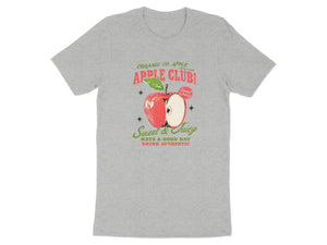 Grey t-shirt with "Apple Club" text, a red apple, and "Sweet & Juicy" slogan.