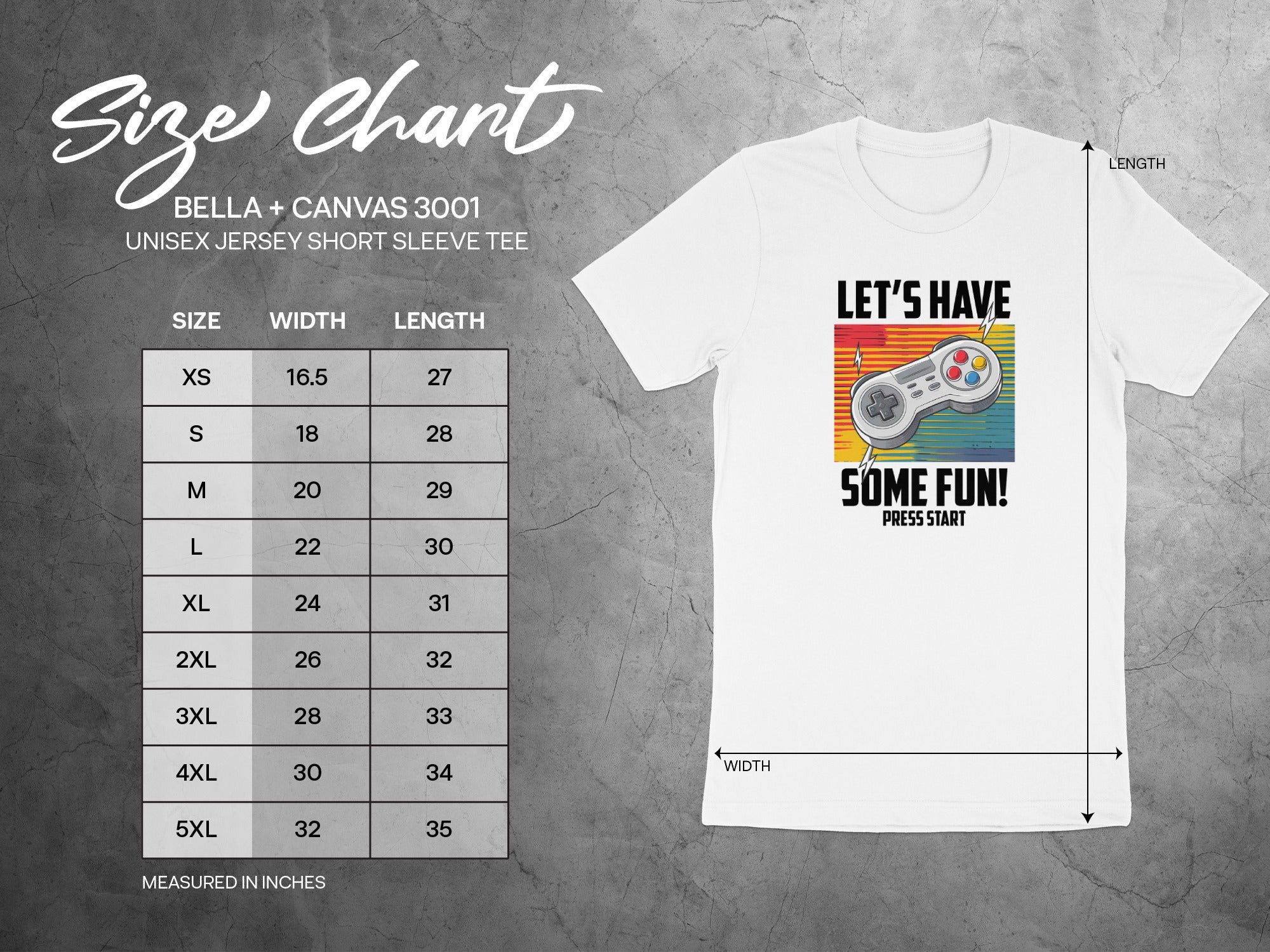 BELLA + CANVAS 3001 size chart for unisex jersey short sleeve tee, measured in inches.