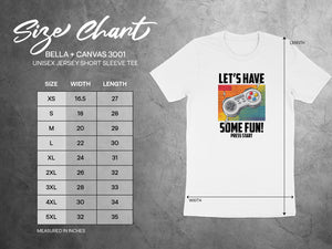 BELLA + CANVAS 3001 size chart for unisex jersey short sleeve tee, measured in inches.