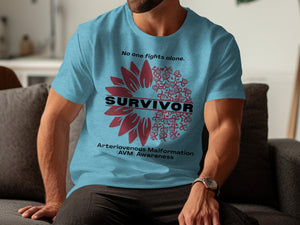 Blue t-shirt with "No one fights alone," "SURVIVOR," and "Arteriovenous Malformation (AVM) Awareness" text.