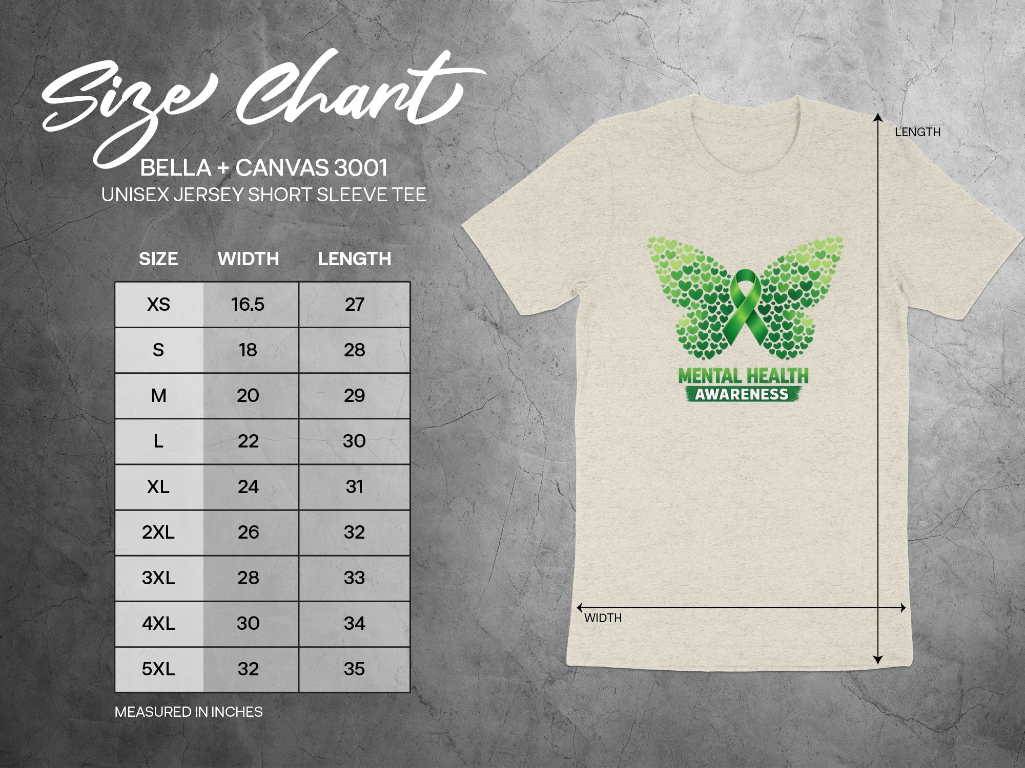 Size chart for Bella + Canvas 3001 Unisex Short Sleeve Tee with mental health butterfly graphic.