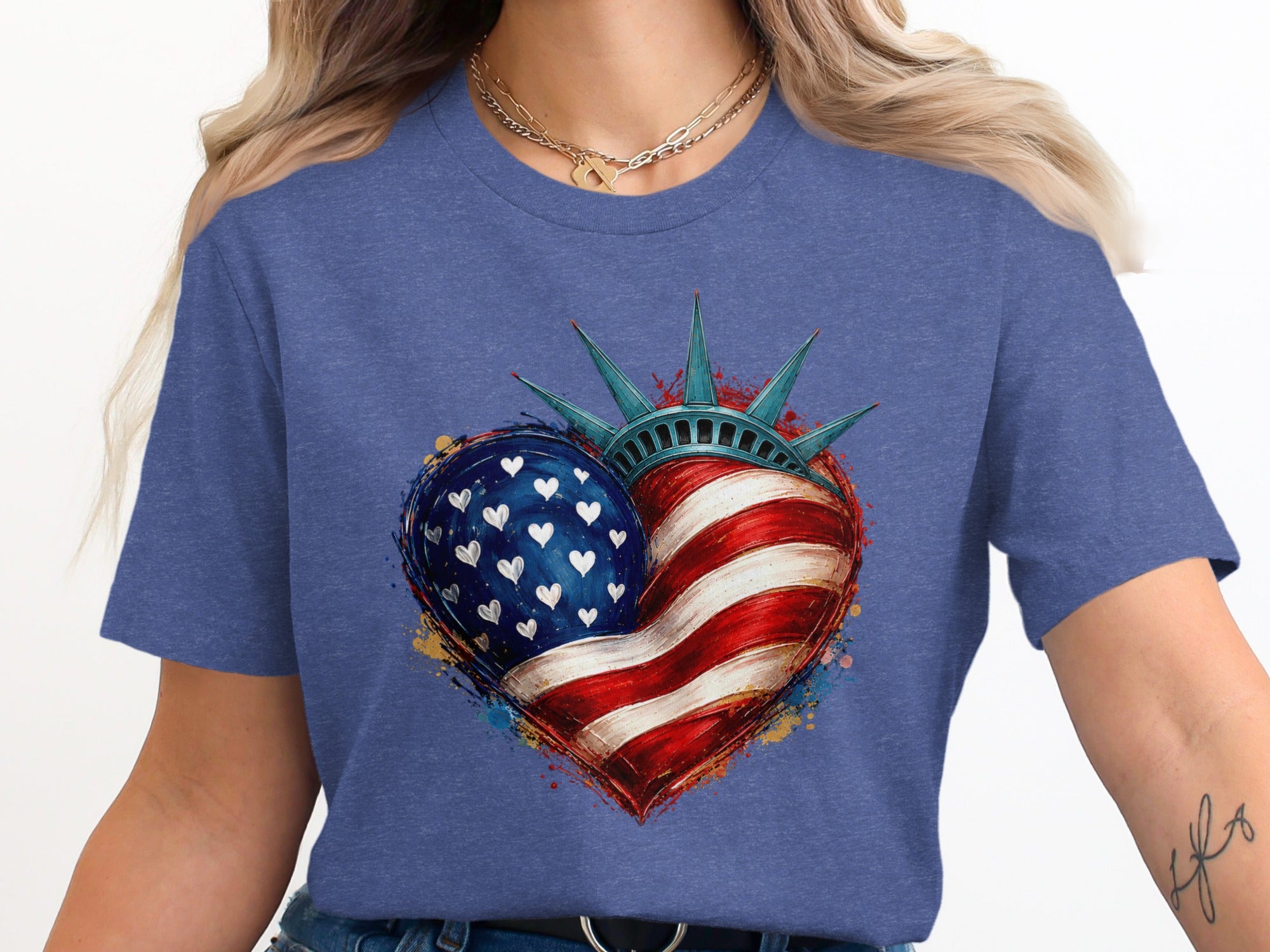 Statue of Liberty crown on a heart with American flag design.