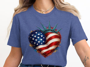 Statue of Liberty crown on a heart with American flag design.