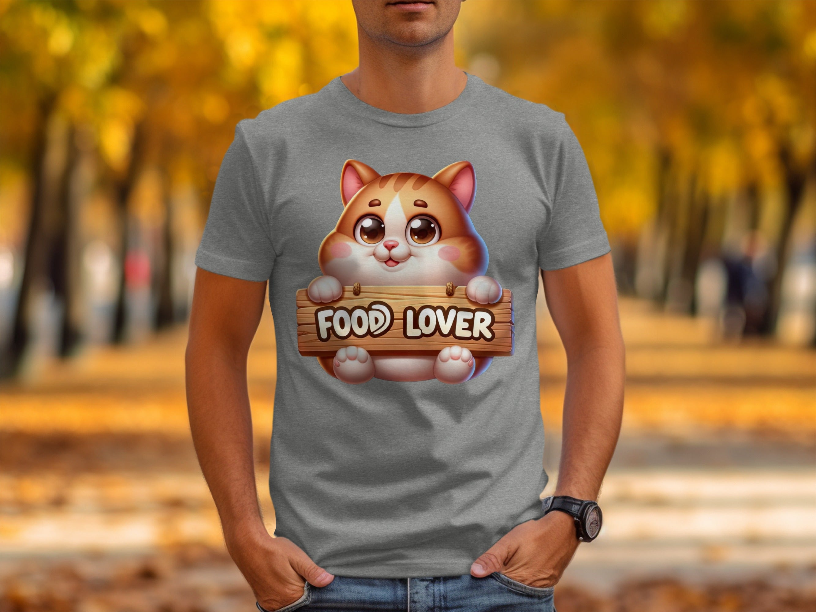 Grey t-shirt with a cartoon cat holding a "FOOD LOVER" wooden sign.