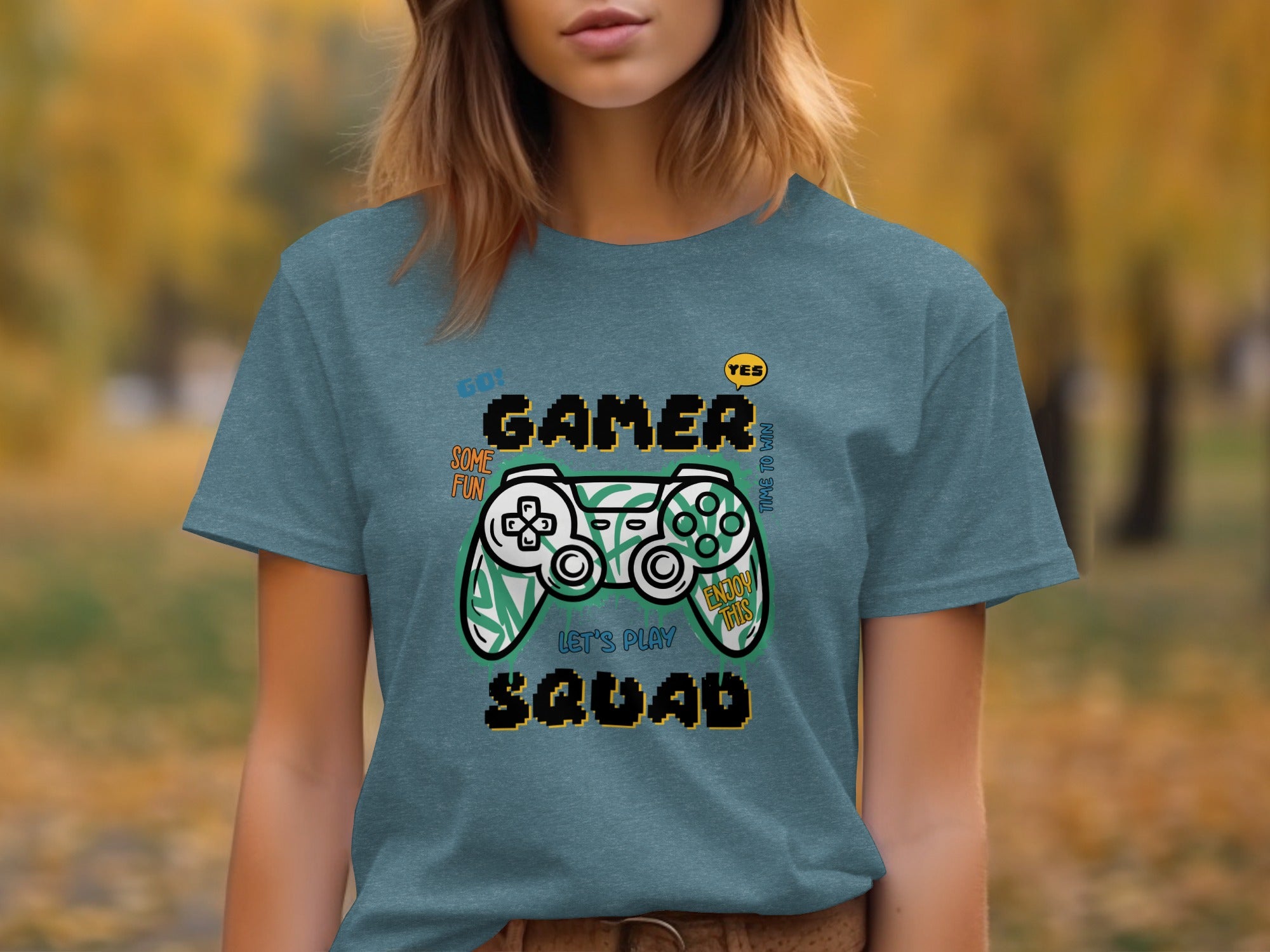 T-shirt with "Gamer Squad" text and a stylized video game controller graphic.