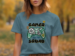 T-shirt with "Gamer Squad" text and a stylized video game controller graphic.