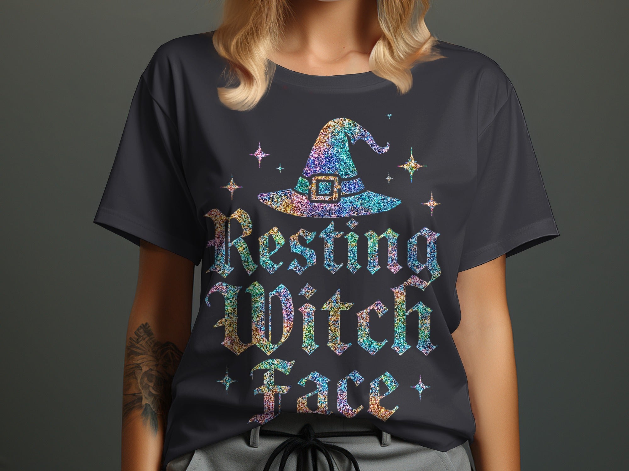 Dark t-shirt with glitter witch hat and "Resting Witch Face" text.