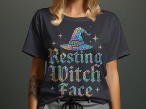 Dark t-shirt with glitter witch hat and "Resting Witch Face" text.