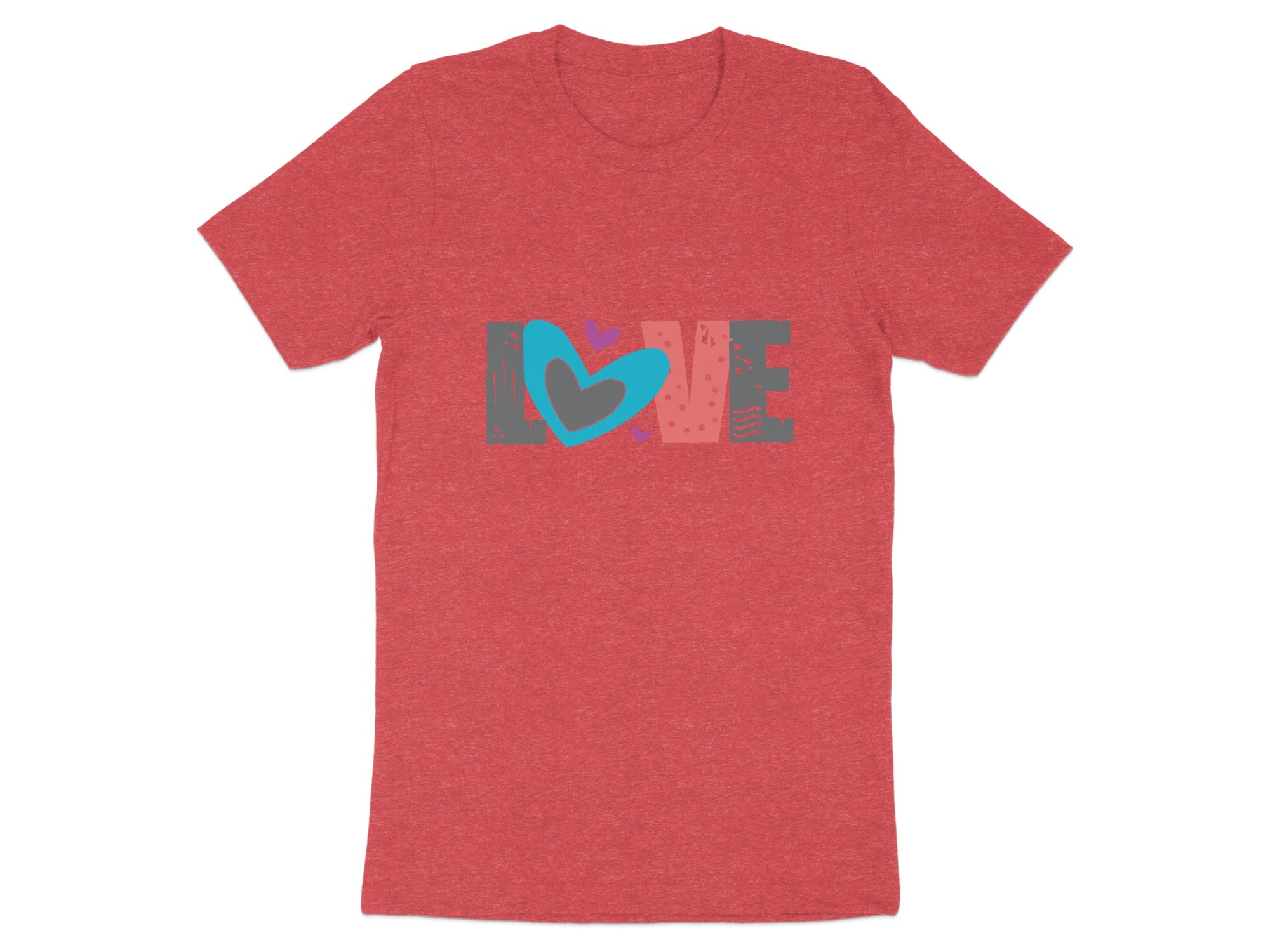 Red t-shirt with "LOVE" text featuring a heart graphic.