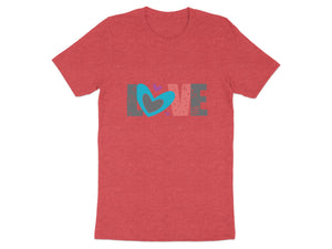 Red t-shirt with "LOVE" text featuring a heart graphic.