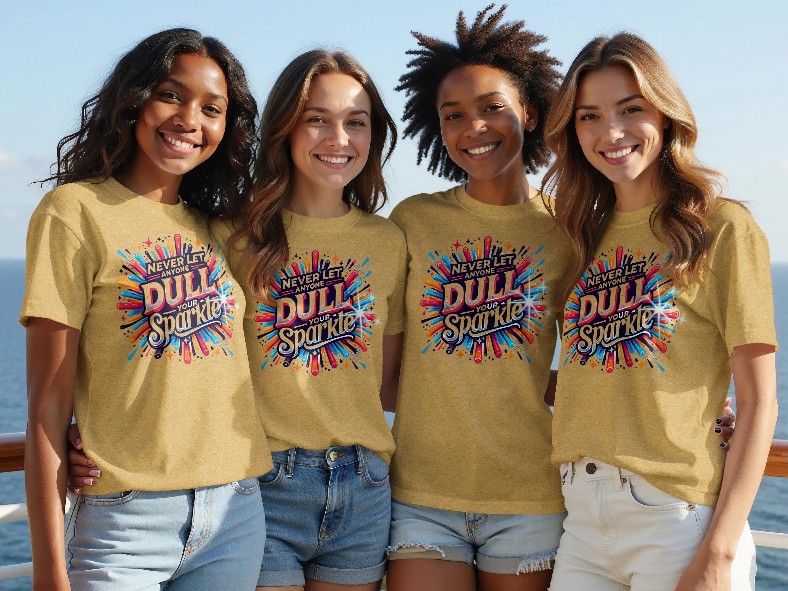 Four women in mustard yellow shirts featuring "Never Let Anyone Dull Your Sparkle" graphic.