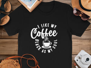 Black t-shirt with "I like my coffee black as my soul" graphic.