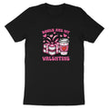 Black t-shirt with pink text and graphic of books and coffee cup for Valentine's.
