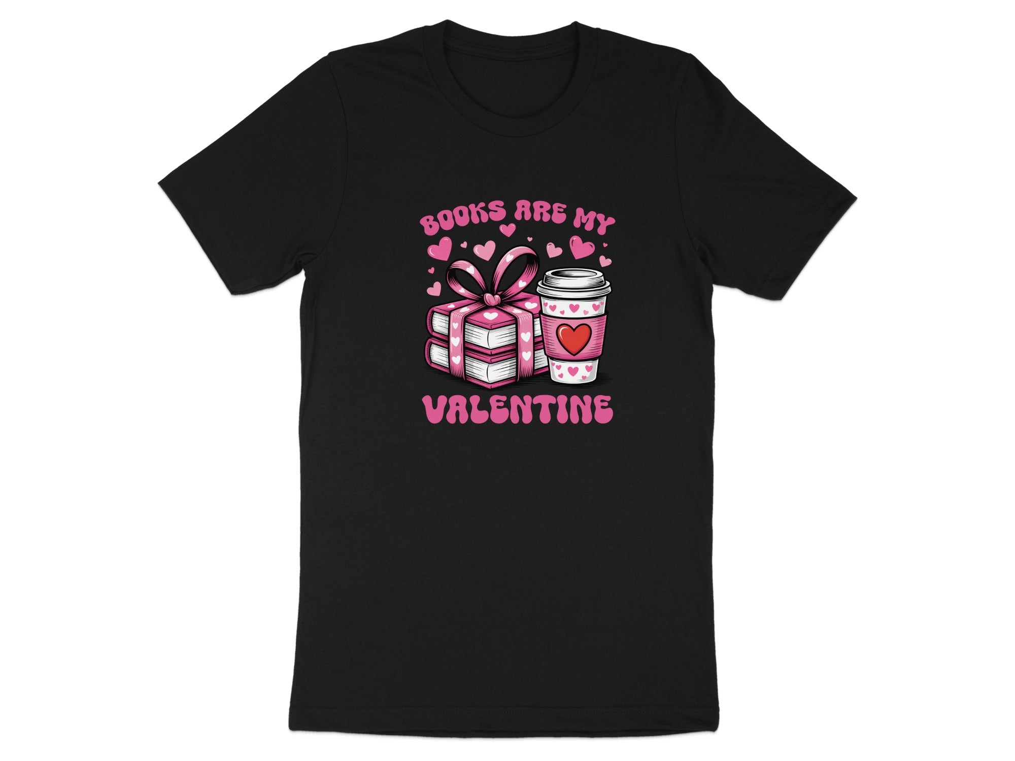 Black t-shirt with pink text and graphic of books and coffee cup for Valentine's.