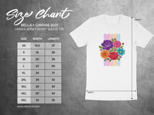 Bella + Canvas 3001 size chart for unisex short sleeve tees, measured in inches.