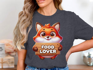 Cute cartoon fox holding a wooden sign that says "FOOD LOVER".
