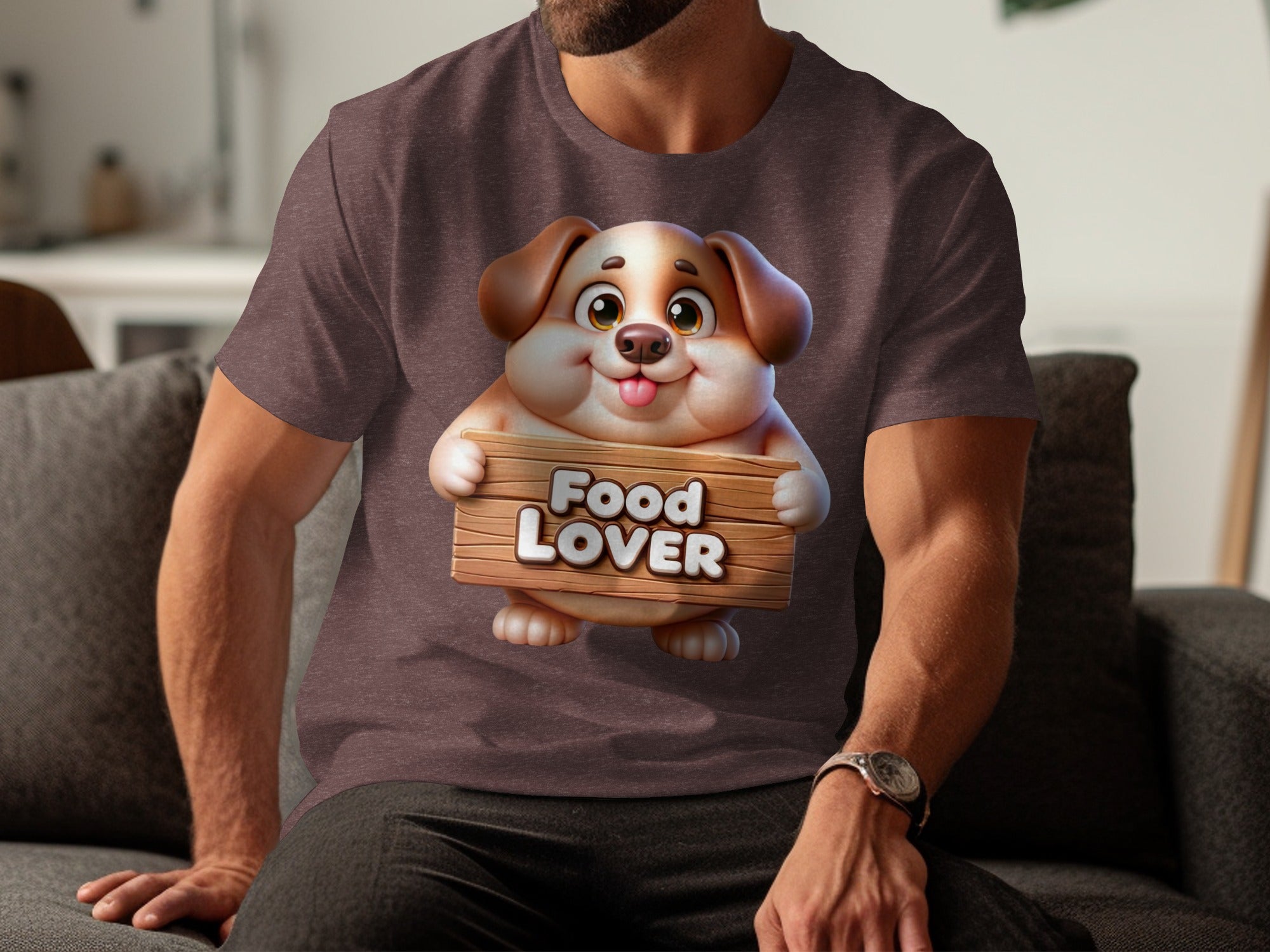 Cartoon dog holding wooden sign saying Food LOVER on a t-shirt.