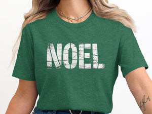 Green t-shirt with distressed white text "NOEL" on the front.