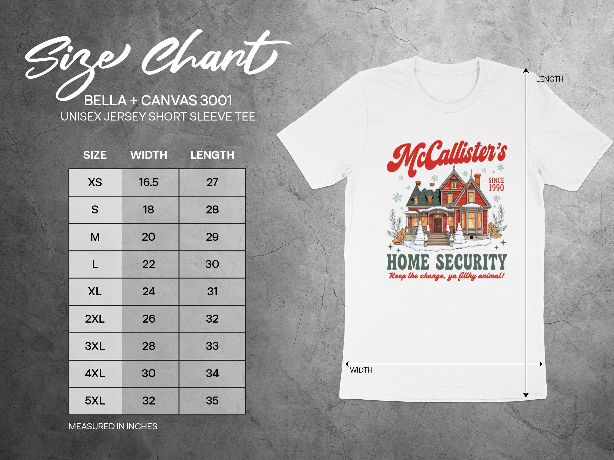 Size chart for Bella + Canvas 3001 unisex short sleeve tee, with measurements in inches.