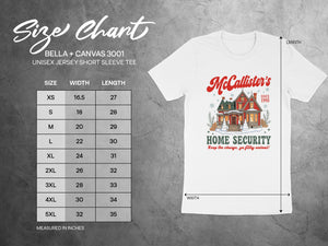 Size chart for Bella + Canvas 3001 unisex short sleeve tee, with measurements in inches.