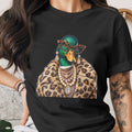 Black t-shirt with a fashionably dressed duck wearing glasses, fur coat, and jewelry.