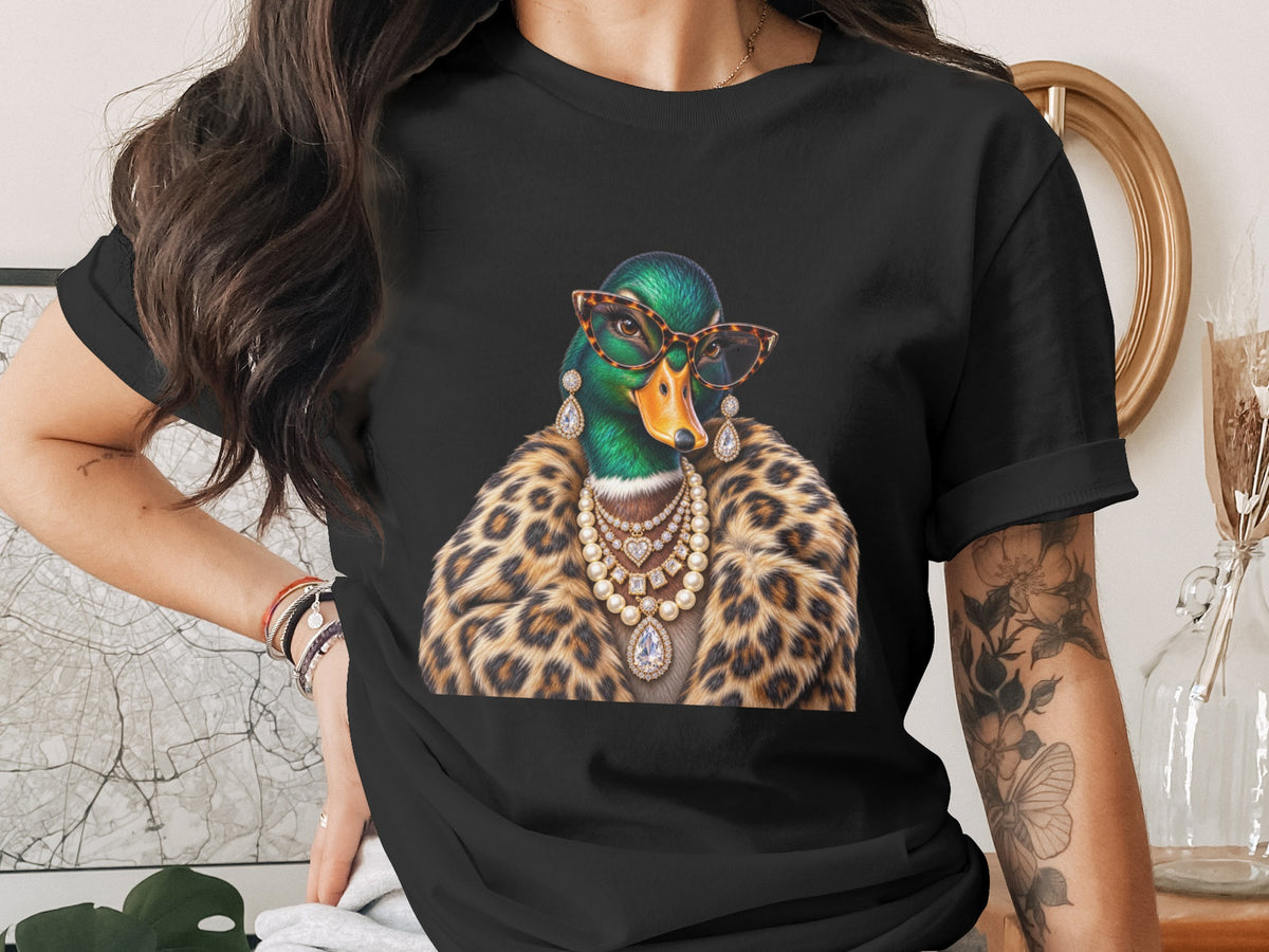 Black t-shirt with a fashionably dressed duck wearing glasses, fur coat, and jewelry.