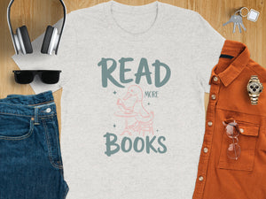 Light gray t-shirt with "READ MORE BOOKS" text and a duck reading a book graphic.